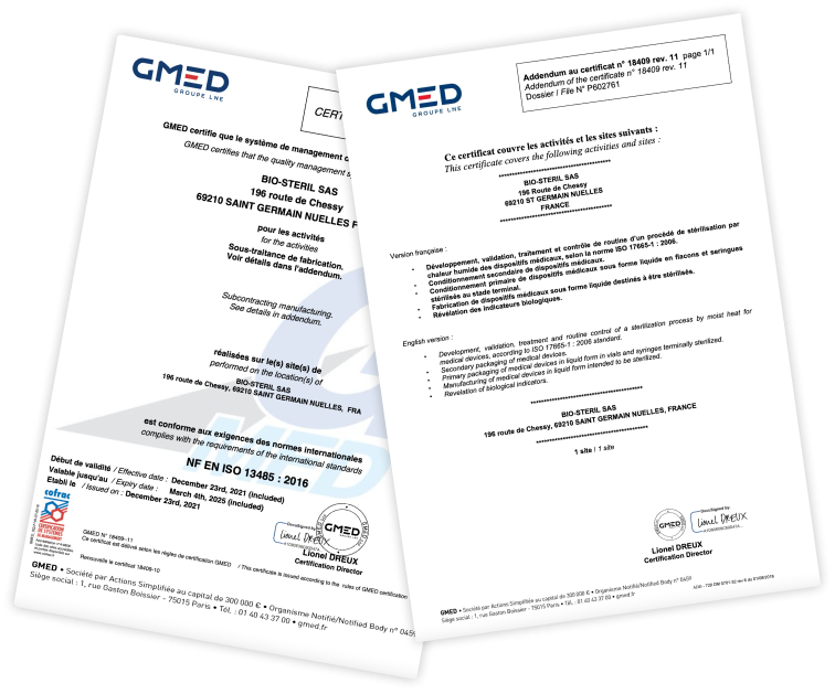 Certification de Bio-Steril ISO 13485 - Certificat ISO 13485